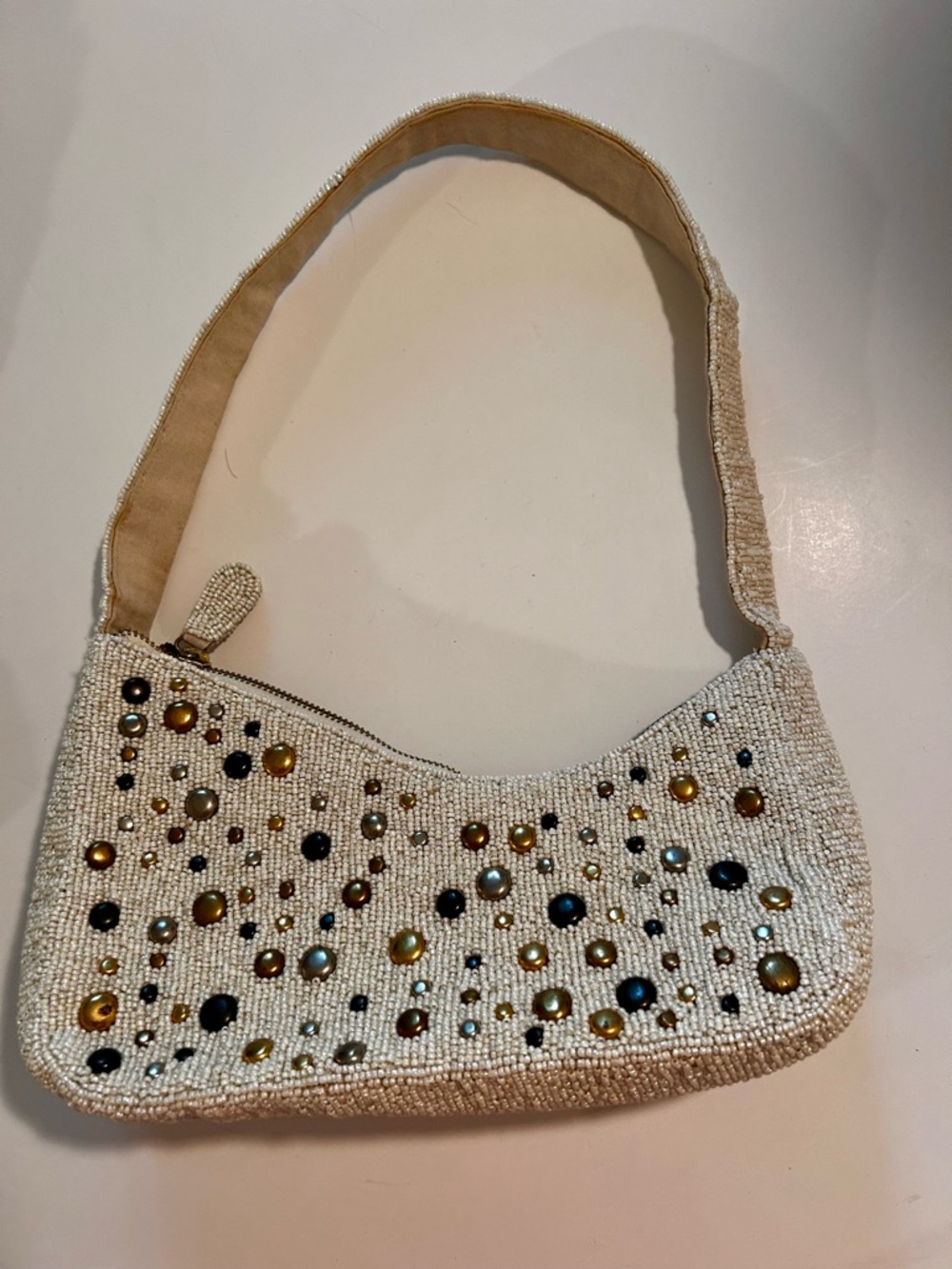 Anthropologie Cream Beaded Mini Shoulder Bag with Multi-Stone Accents 10” x 6”